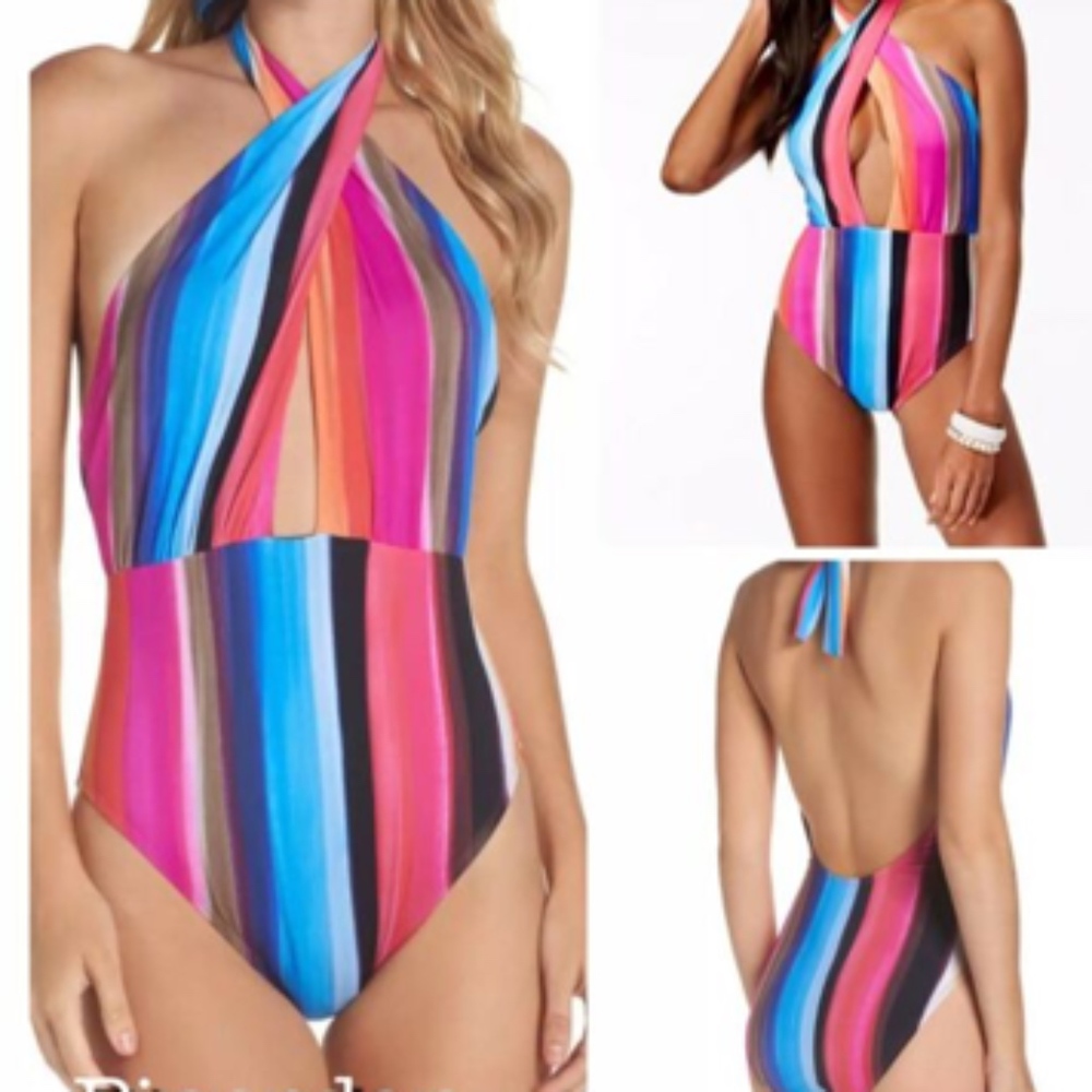 La Blanca Striped Plunge Halter One Piece Swimsuit
